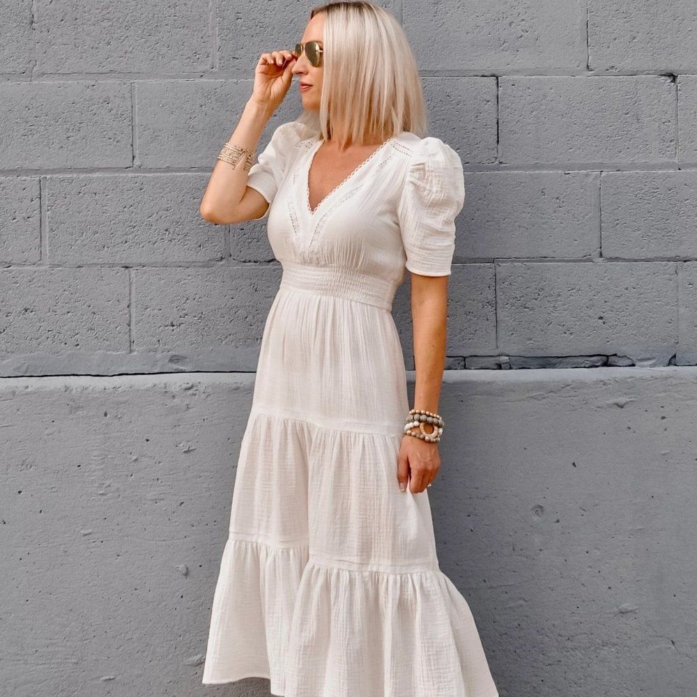 NEW! Bb DAKOTA Women's Say A Prairie Ruffle Midi Dress In Optic White